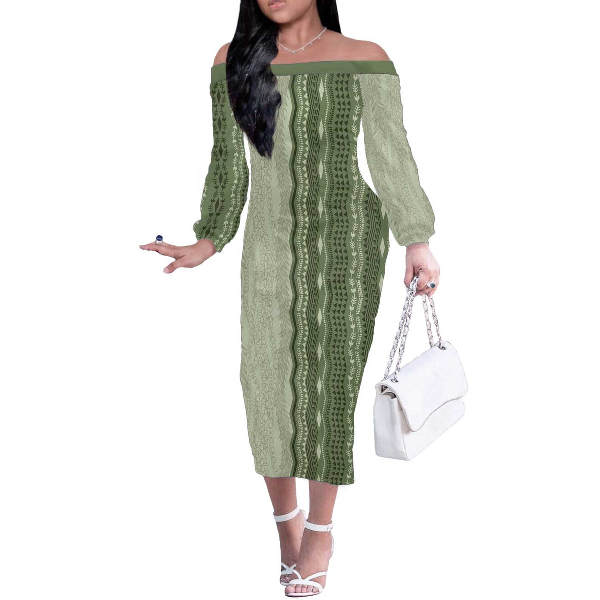 Vintage Sage Green Hawaiian Traditional Kapa Mix Flowers Lei Off The Shoulder Long Sleeve Dress LT7 Women Sage Green - Polynesian Pride