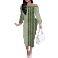 Vintage Sage Green Hawaiian Traditional Kapa Mix Flowers Lei Off The Shoulder Long Sleeve Dress LT7 Women Sage Green - Polynesian Pride