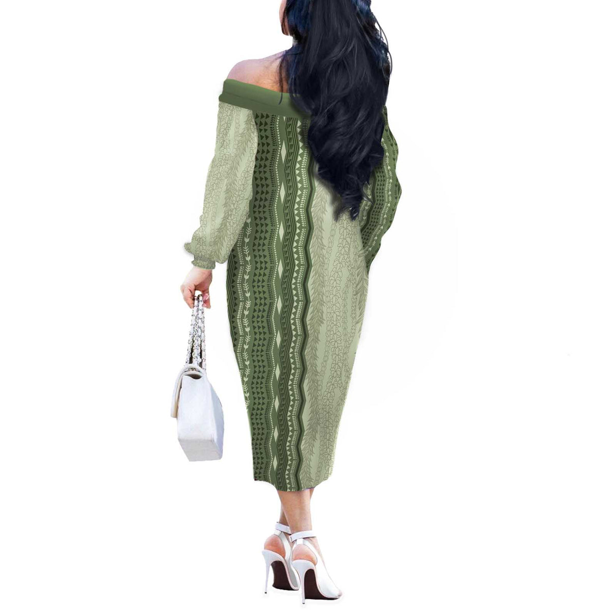Vintage Sage Green Hawaiian Traditional Kapa Mix Flowers Lei Off The Shoulder Long Sleeve Dress LT7 - Polynesian Pride