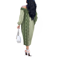 Vintage Sage Green Hawaiian Traditional Kapa Mix Flowers Lei Off The Shoulder Long Sleeve Dress LT7 - Polynesian Pride