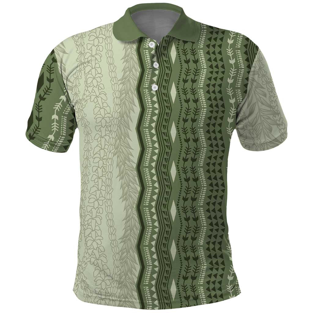 Vintage Sage Green Hawaiian Traditional Kapa Mix Flowers Lei Polo Shirt