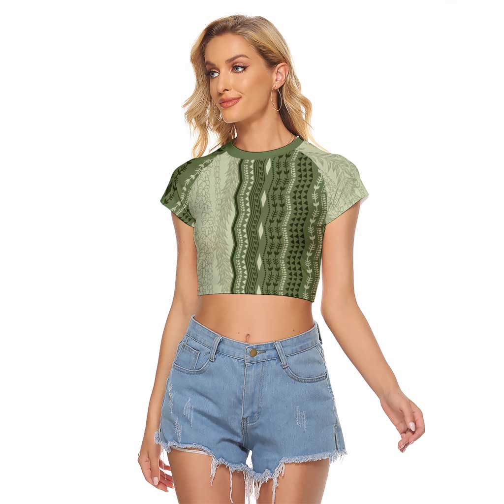 Vintage Sage Green Hawaiian Traditional Kapa Mix Flowers Lei Raglan Cropped T Shirt LT7 Female Sage Green - Polynesian Pride