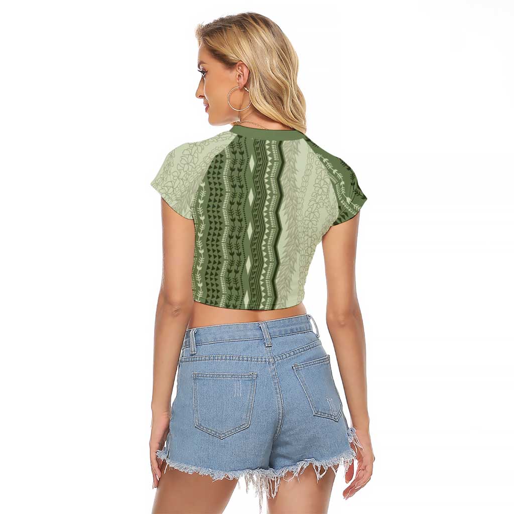 Vintage Sage Green Hawaiian Traditional Kapa Mix Flowers Lei Raglan Cropped T Shirt LT7 - Polynesian Pride