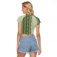 Vintage Sage Green Hawaiian Traditional Kapa Mix Flowers Lei Raglan Cropped T Shirt LT7 - Polynesian Pride