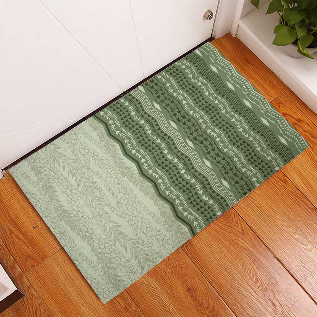 Vintage Sage Green Hawaiian Traditional Kapa Mix Flowers Lei Rubber Doormat