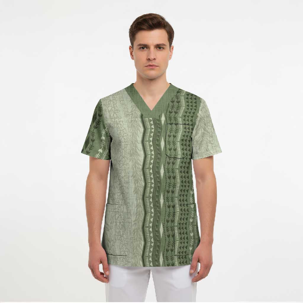 Vintage Sage Green Hawaiian Traditional Kapa Mix Flowers Lei Scrub Top