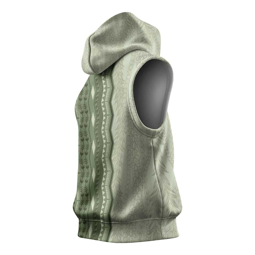 Vintage Sage Green Hawaiian Traditional Kapa Mix Flowers Lei Sleeveless Hoodie LT7 - Polynesian Pride