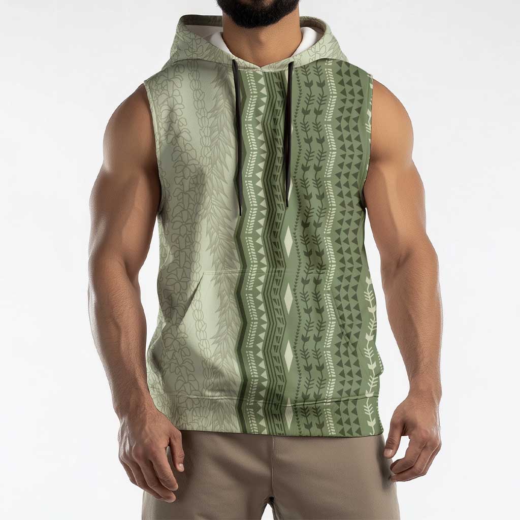 Vintage Sage Green Hawaiian Traditional Kapa Mix Flowers Lei Sleeveless Hoodie LT7 - Polynesian Pride