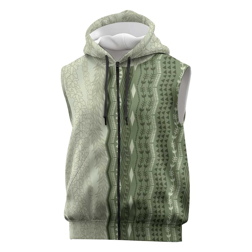 Vintage Sage Green Hawaiian Traditional Kapa Mix Flowers Lei Sleeveless Zip Hoodie LT7 Sage Green - Polynesian Pride
