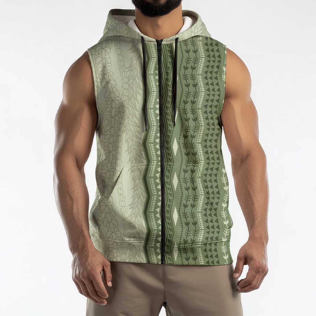 Vintage Sage Green Hawaiian Traditional Kapa Mix Flowers Lei Sleeveless Zip Hoodie LT7 - Polynesian Pride