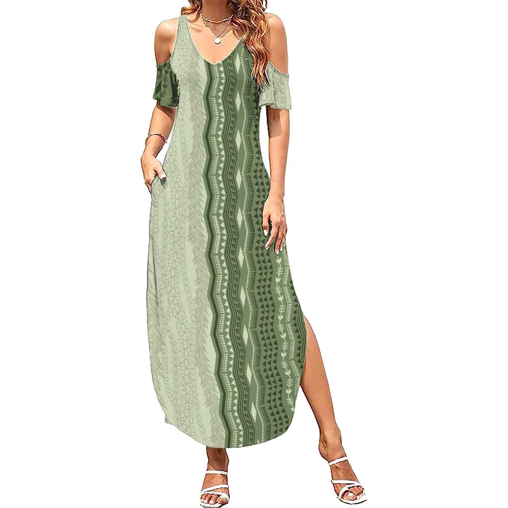 Vintage Sage Green Hawaiian Traditional Kapa Mix Flowers Lei Summer Maxi Dress