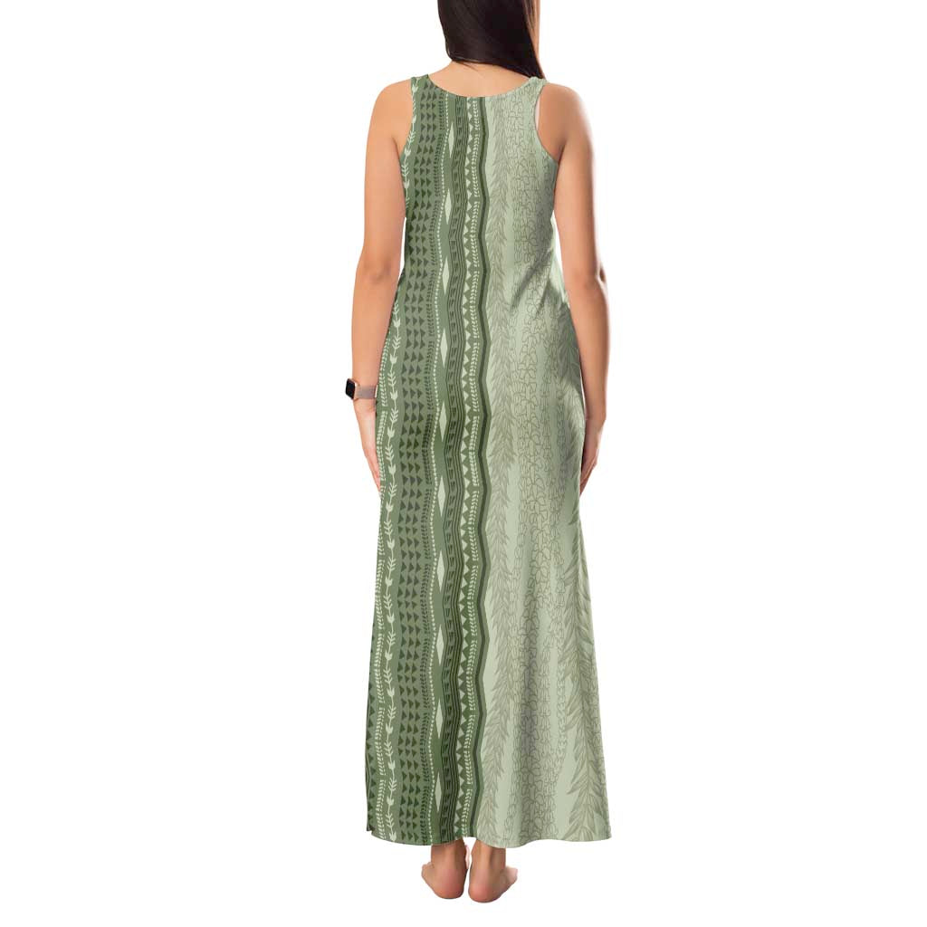 Vintage Sage Green Hawaiian Traditional Kapa Mix Flowers Lei Tank Maxi Dress LT7 - Polynesian Pride