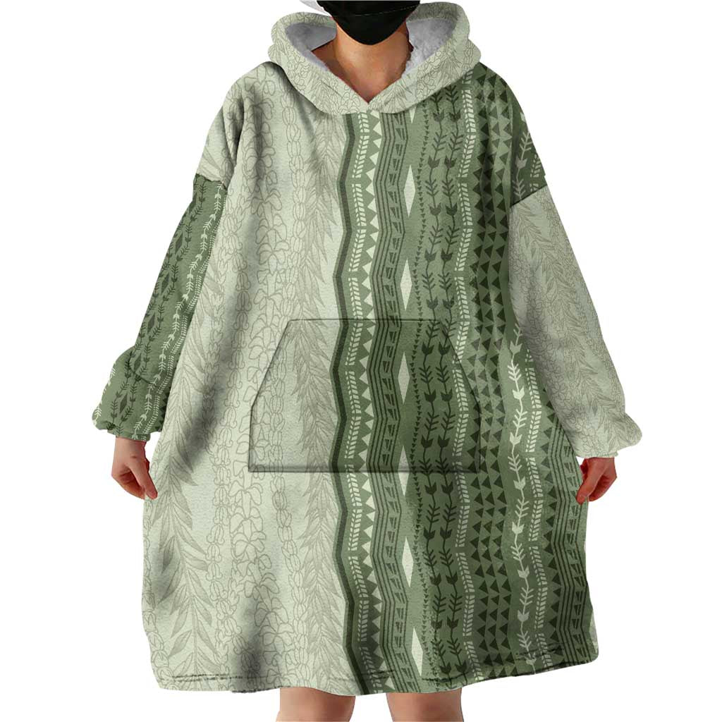 Vintage Sage Green Hawaiian Traditional Kapa Mix Flowers Lei Wearable Blanket Hoodie LT7 - Polynesian Pride