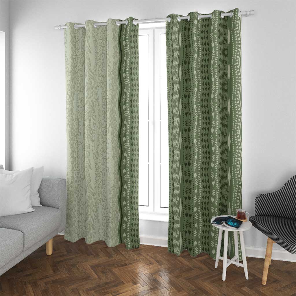Vintage Sage Green Hawaiian Traditional Kapa Mix Flowers Lei Window Curtain LT7 With Grommets Sage Green - Polynesian Pride