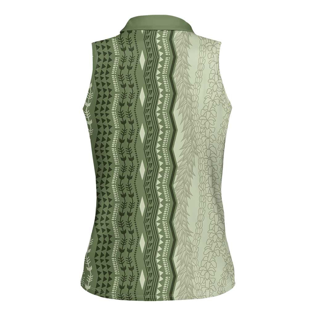 Vintage Sage Green Hawaiian Traditional Kapa Mix Flowers Lei Women Sleeveless Polo Shirt LT7 - Polynesian Pride