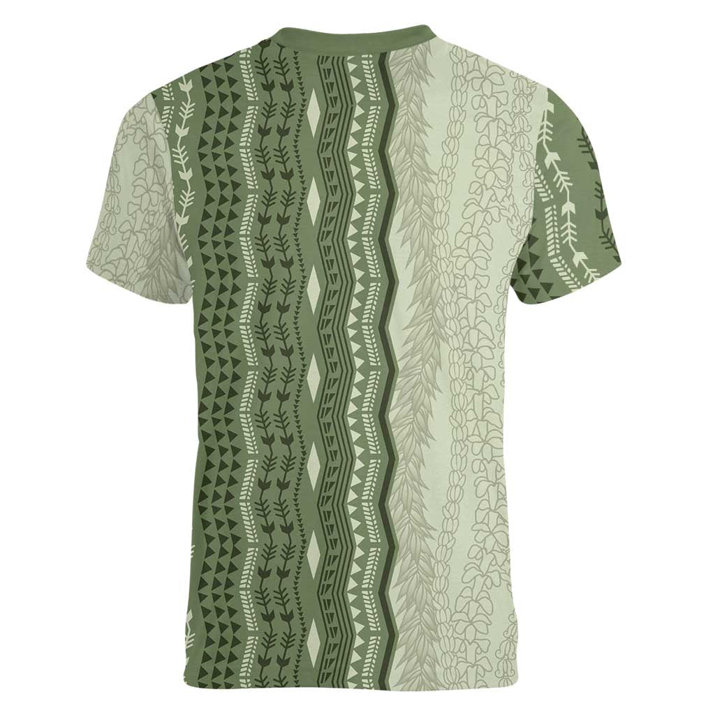 Vintage Sage Green Hawaiian Traditional Kapa Mix Flowers Lei Women V-Neck T-Shirt LT7 - Polynesian Pride