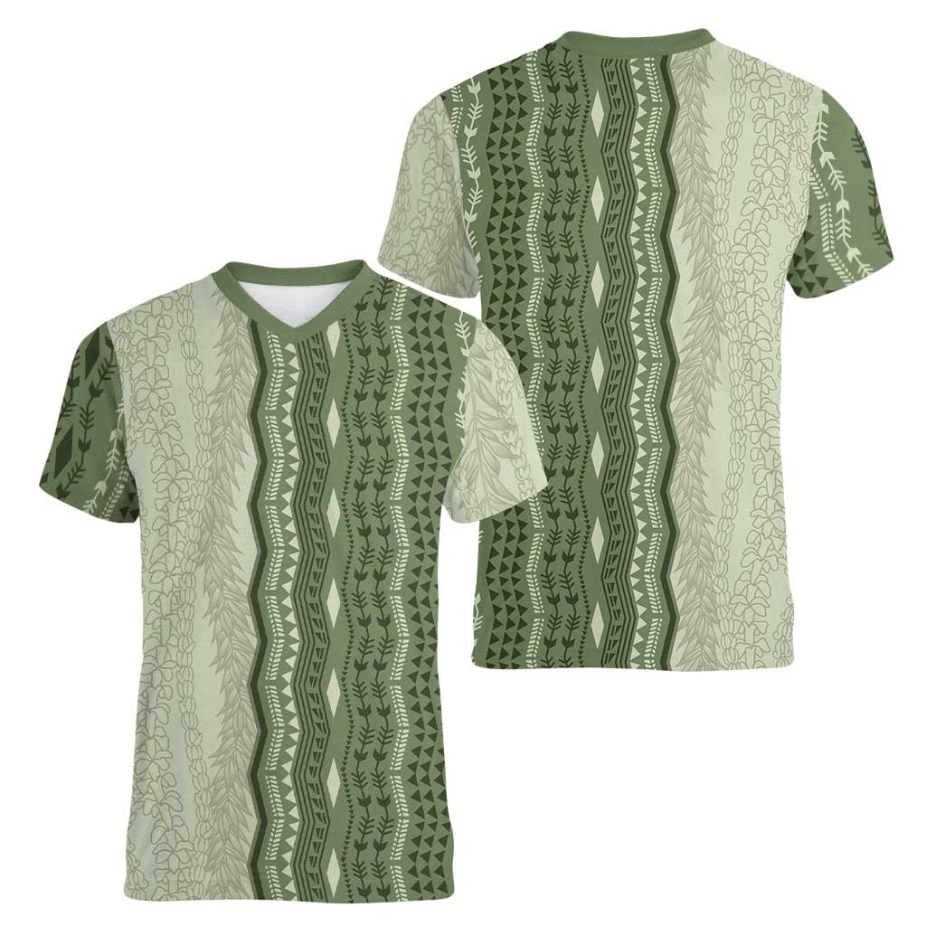 Vintage Sage Green Hawaiian Traditional Kapa Mix Flowers Lei Women V-Neck T-Shirt LT7 - Polynesian Pride