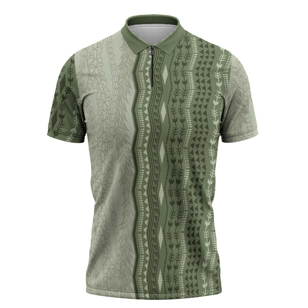 Vintage Sage Green Hawaiian Traditional Kapa Mix Flowers Lei Zipper Polo Shirt