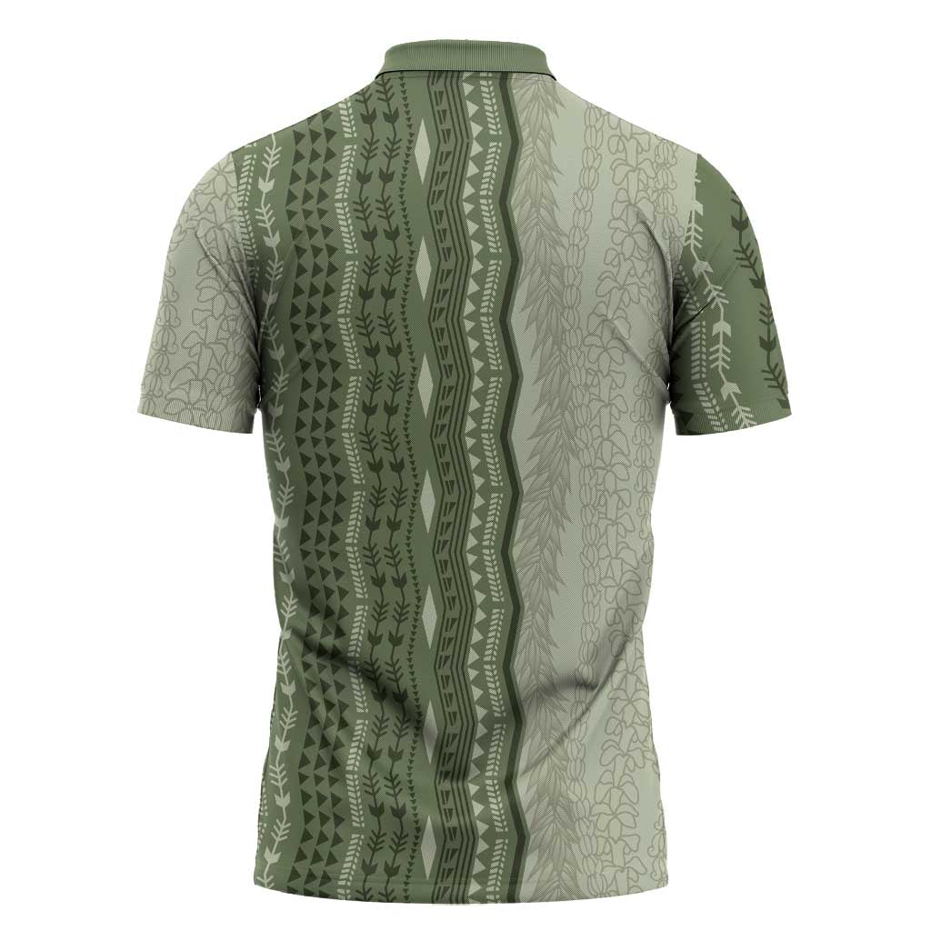 Vintage Sage Green Hawaiian Traditional Kapa Mix Flowers Lei Zipper Polo Shirt LT7 - Polynesian Pride