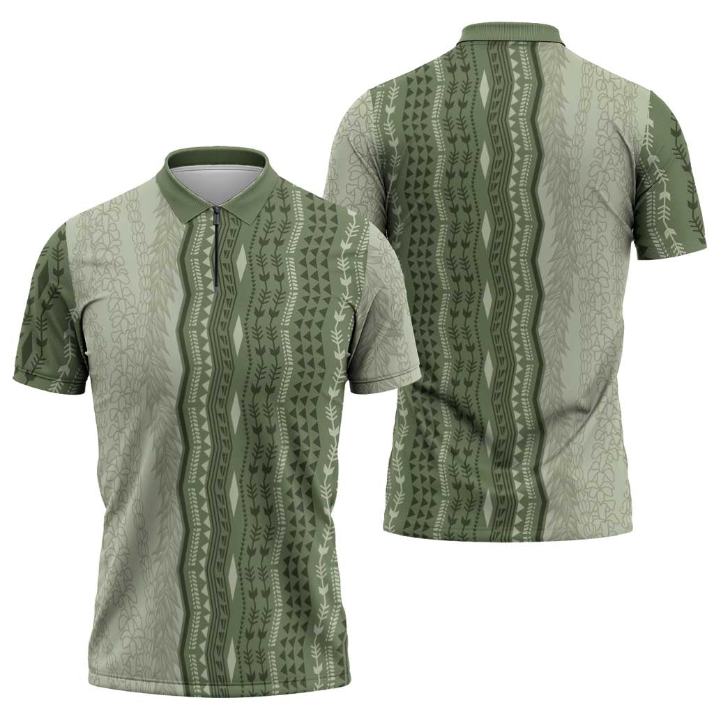 Vintage Sage Green Hawaiian Traditional Kapa Mix Flowers Lei Zipper Polo Shirt LT7 - Polynesian Pride