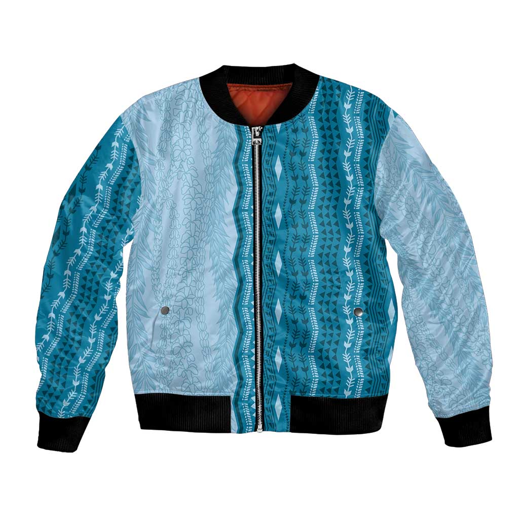 Vintage Cobalt Blue Hawaiian Traditional Kapa Mix Flowers Lei Bomber Jacket