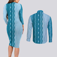 Vintage Cobalt Blue Hawaiian Traditional Kapa Mix Flowers Lei Couples Matching Long Sleeve Bodycon Dress and Long Sleeve Button Shirt LT7 - Polynesian Pride