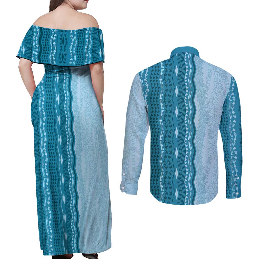 Vintage Cobalt Blue Hawaiian Traditional Kapa Mix Flowers Lei Couples Matching Off Shoulder Maxi Dress and Long Sleeve Button Shirt LT7 - Polynesian Pride