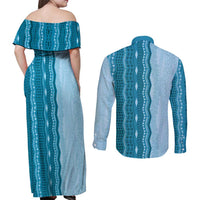 Vintage Cobalt Blue Hawaiian Traditional Kapa Mix Flowers Lei Couples Matching Off Shoulder Maxi Dress and Long Sleeve Button Shirt LT7 - Polynesian Pride