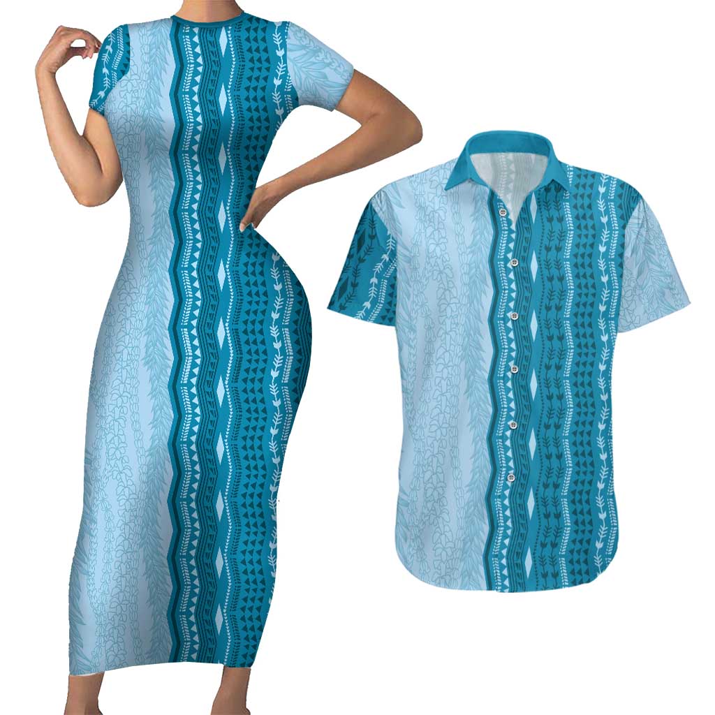 Vintage Cobalt Blue Hawaiian Traditional Kapa Mix Flowers Lei Couples Matching Short Sleeve Bodycon Dress and Hawaiian Shirt LT7 Cobalt Blue - Polynesian Pride