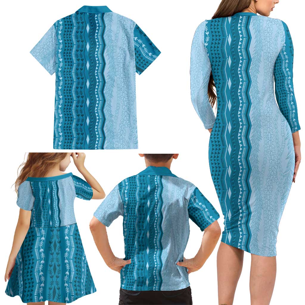 Vintage Cobalt Blue Hawaiian Traditional Kapa Mix Flowers Lei Family Matching Long Sleeve Bodycon Dress and Hawaiian Shirt LT7 - Polynesian Pride