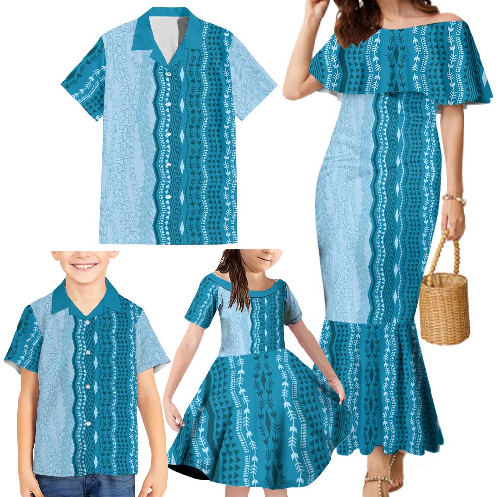 Vintage Cobalt Blue Hawaiian Traditional Kapa Mix Flowers Lei Family Matching Mermaid Dress and Hawaiian Shirt LT7 - Polynesian Pride