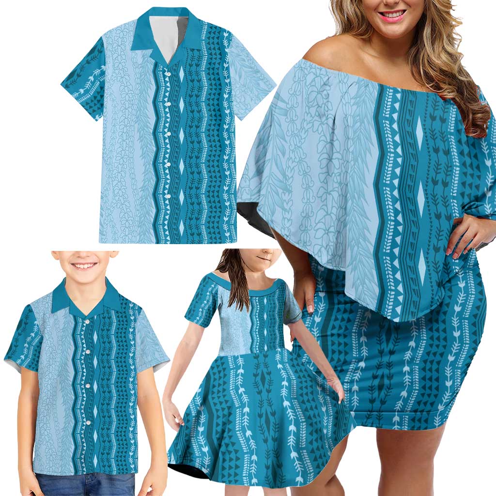 Vintage Cobalt Blue Hawaiian Traditional Kapa Mix Flowers Lei Family Matching Off Shoulder Short Dress and Hawaiian Shirt