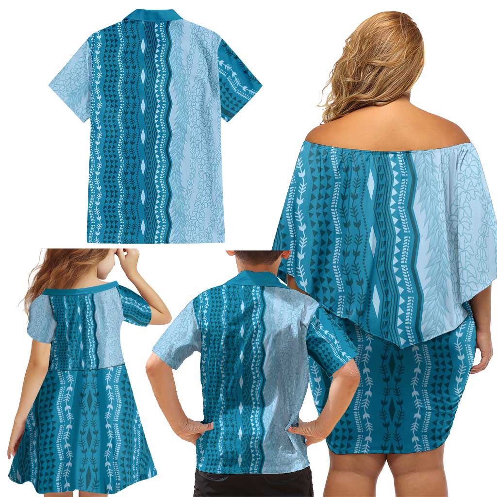 Vintage Cobalt Blue Hawaiian Traditional Kapa Mix Flowers Lei Family Matching Off Shoulder Short Dress and Hawaiian Shirt LT7 - Polynesian Pride