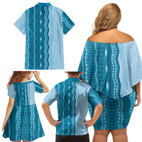 Vintage Cobalt Blue Hawaiian Traditional Kapa Mix Flowers Lei Family Matching Off Shoulder Short Dress and Hawaiian Shirt LT7 - Polynesian Pride