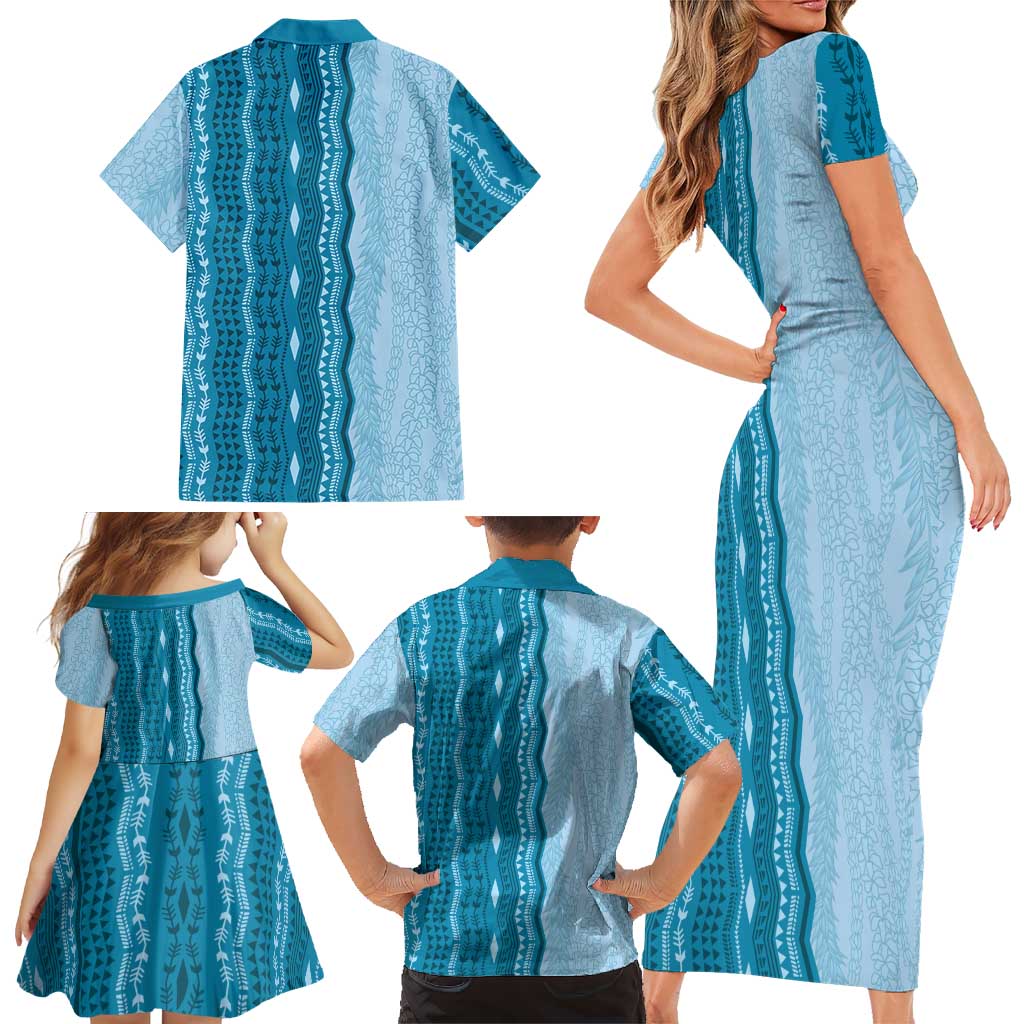 Vintage Cobalt Blue Hawaiian Traditional Kapa Mix Flowers Lei Family Matching Short Sleeve Bodycon Dress and Hawaiian Shirt LT7 - Polynesian Pride