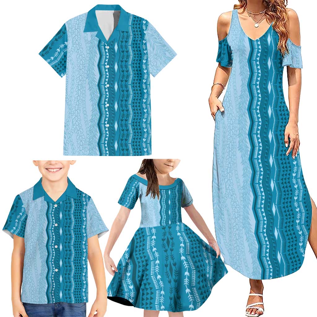 Vintage Cobalt Blue Hawaiian Traditional Kapa Mix Flowers Lei Family Matching Summer Maxi Dress and Hawaiian Shirt LT7 - Polynesian Pride