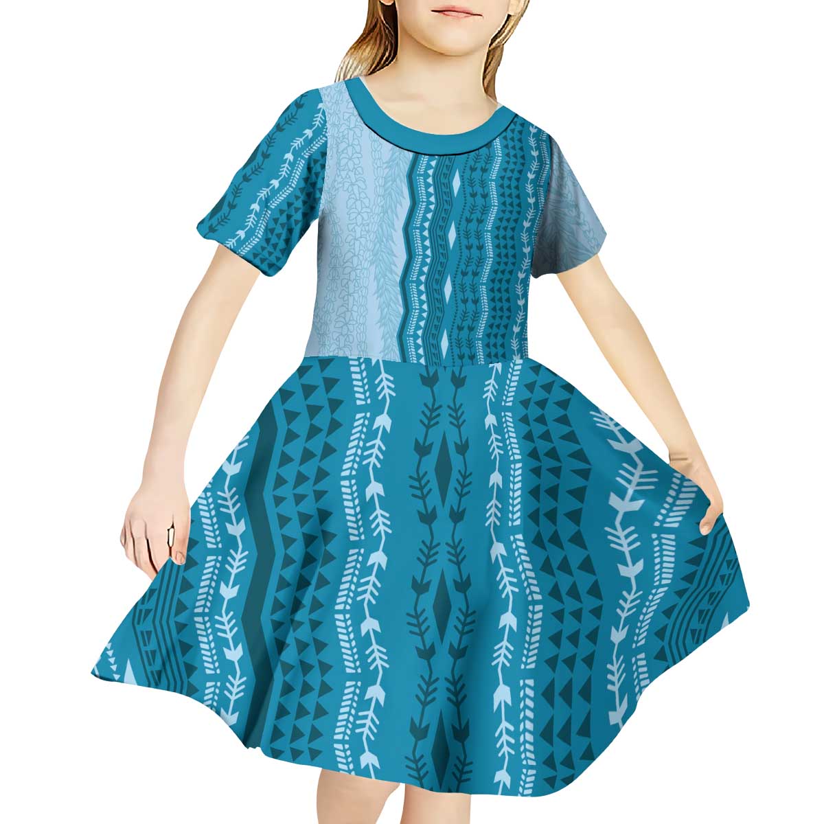 Vintage Cobalt Blue Hawaiian Traditional Kapa Mix Flowers Lei Kid Short Sleeve Dress LT7 - Polynesian Pride