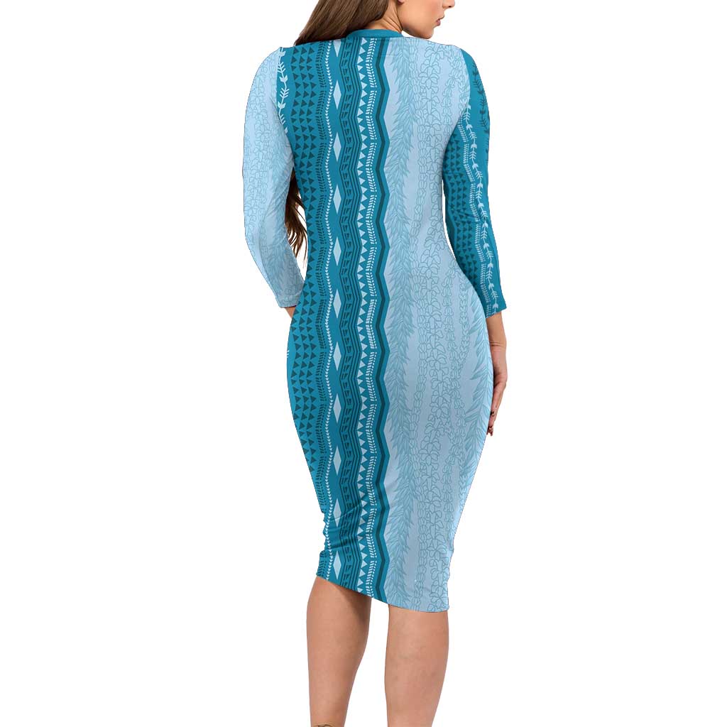 Vintage Cobalt Blue Hawaiian Traditional Kapa Mix Flowers Lei Long Sleeve Bodycon Dress LT7 - Polynesian Pride