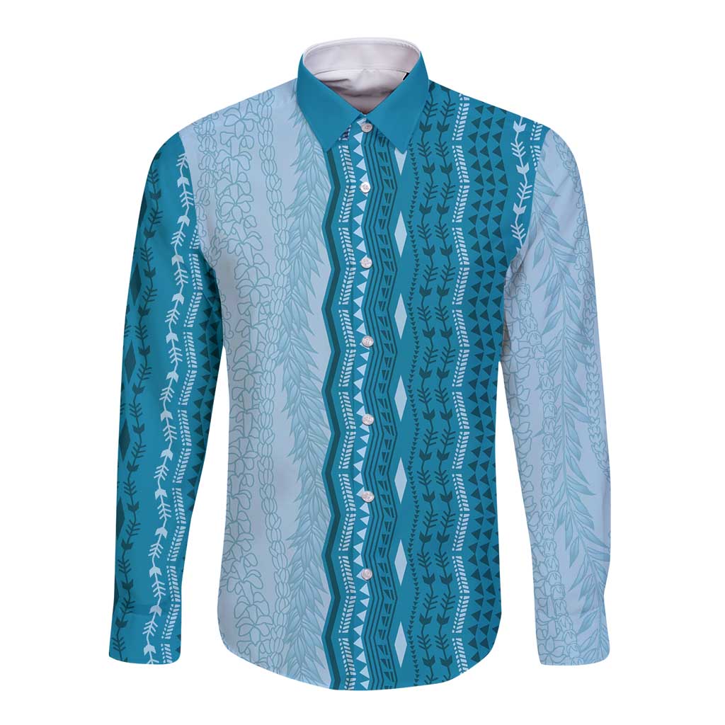 Vintage Cobalt Blue Hawaiian Traditional Kapa Mix Flowers Lei Long Sleeve Button Shirt
