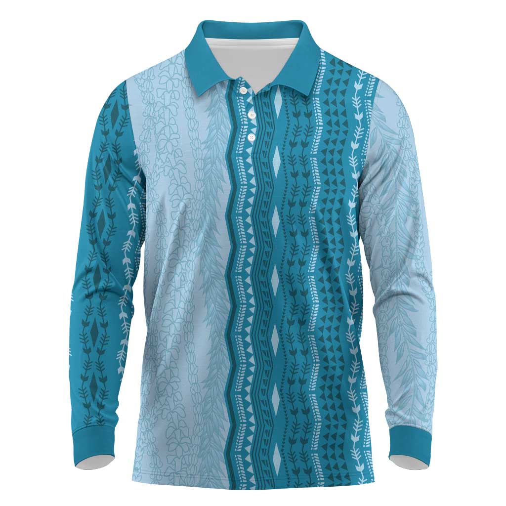 Vintage Cobalt Blue Hawaiian Traditional Kapa Mix Flowers Lei Long Sleeve Polo Shirt LT7 Cobalt Blue - Polynesian Pride