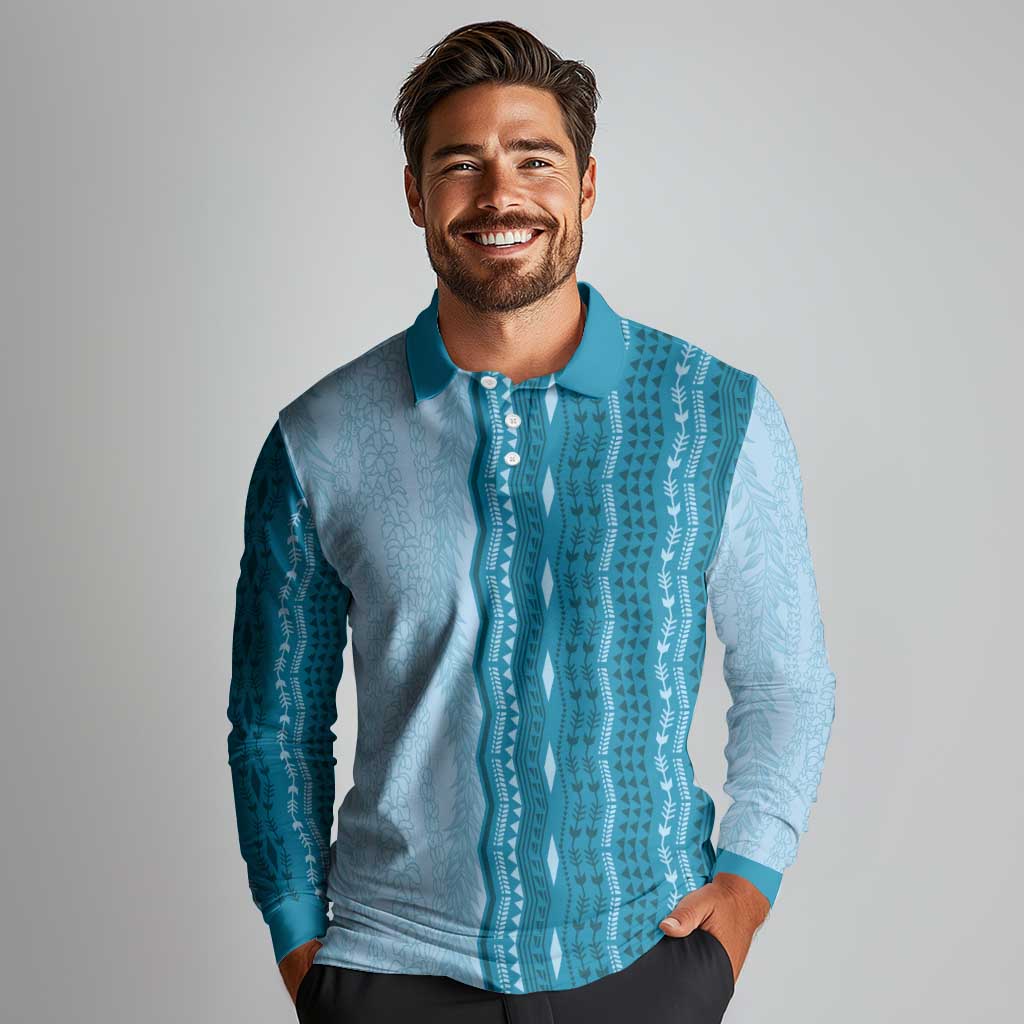 Vintage Cobalt Blue Hawaiian Traditional Kapa Mix Flowers Lei Long Sleeve Polo Shirt LT7 - Polynesian Pride