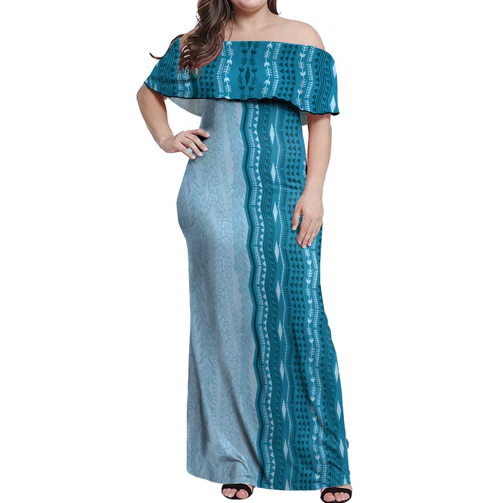 Vintage Cobalt Blue Hawaiian Traditional Kapa Mix Flowers Lei Off Shoulder Maxi Dress
