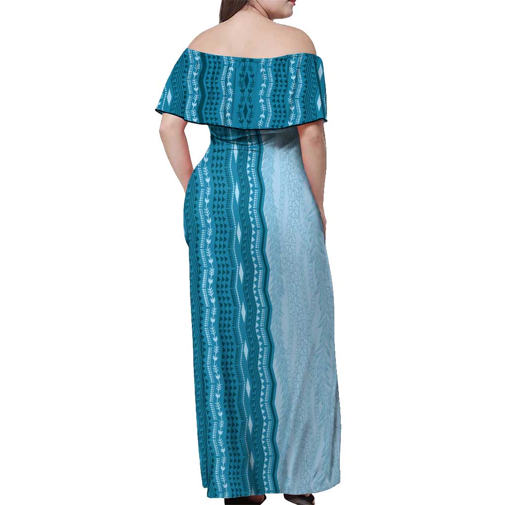 Vintage Cobalt Blue Hawaiian Traditional Kapa Mix Flowers Lei Off Shoulder Maxi Dress
