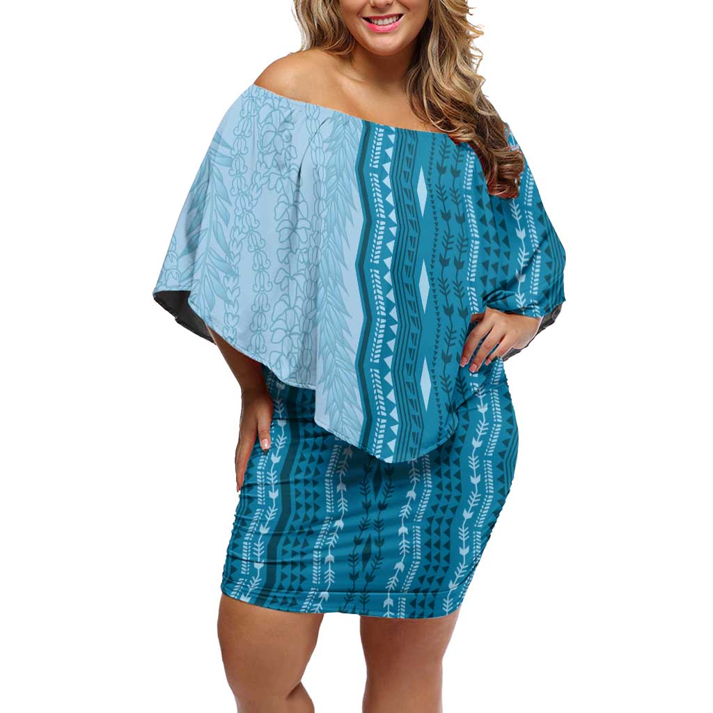 Vintage Cobalt Blue Hawaiian Traditional Kapa Mix Flowers Lei Off Shoulder Short Dress LT7 Women Cobalt Blue - Polynesian Pride