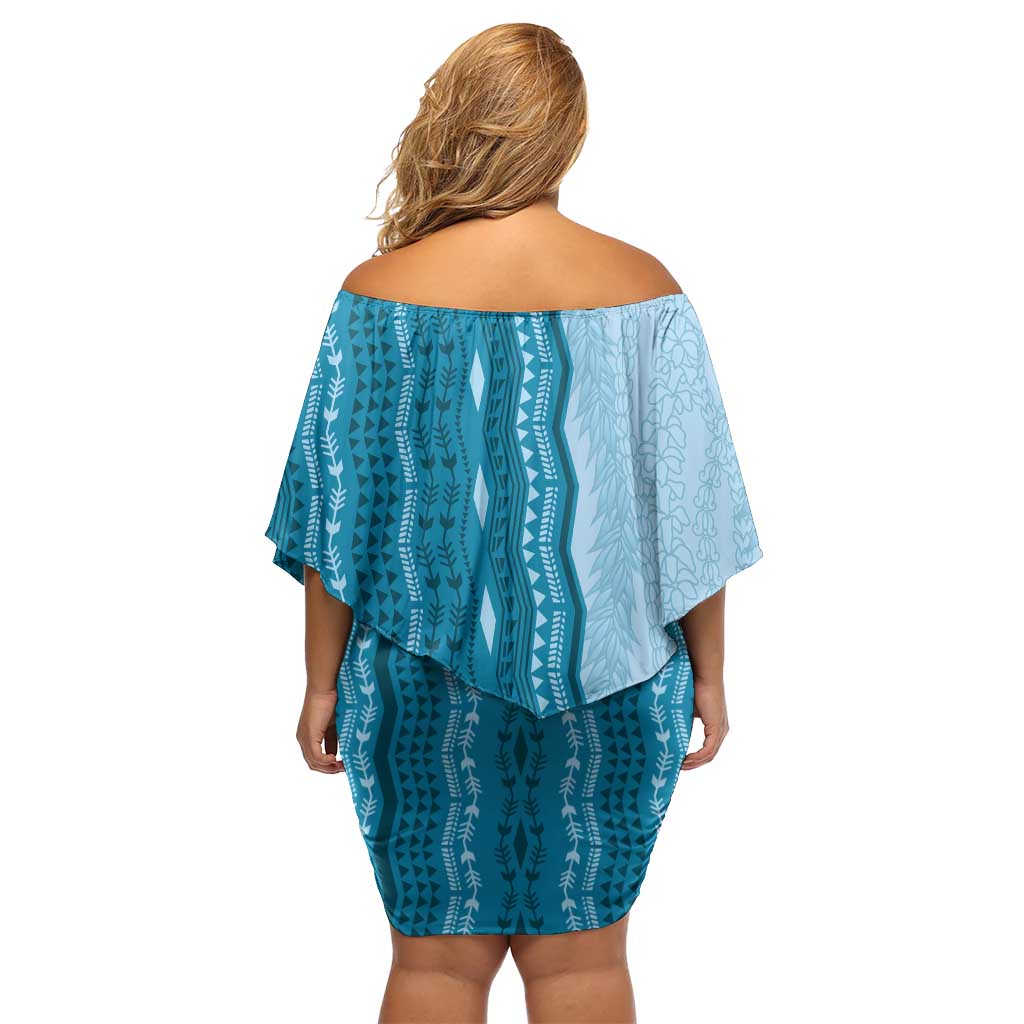 Vintage Cobalt Blue Hawaiian Traditional Kapa Mix Flowers Lei Off Shoulder Short Dress LT7 - Polynesian Pride