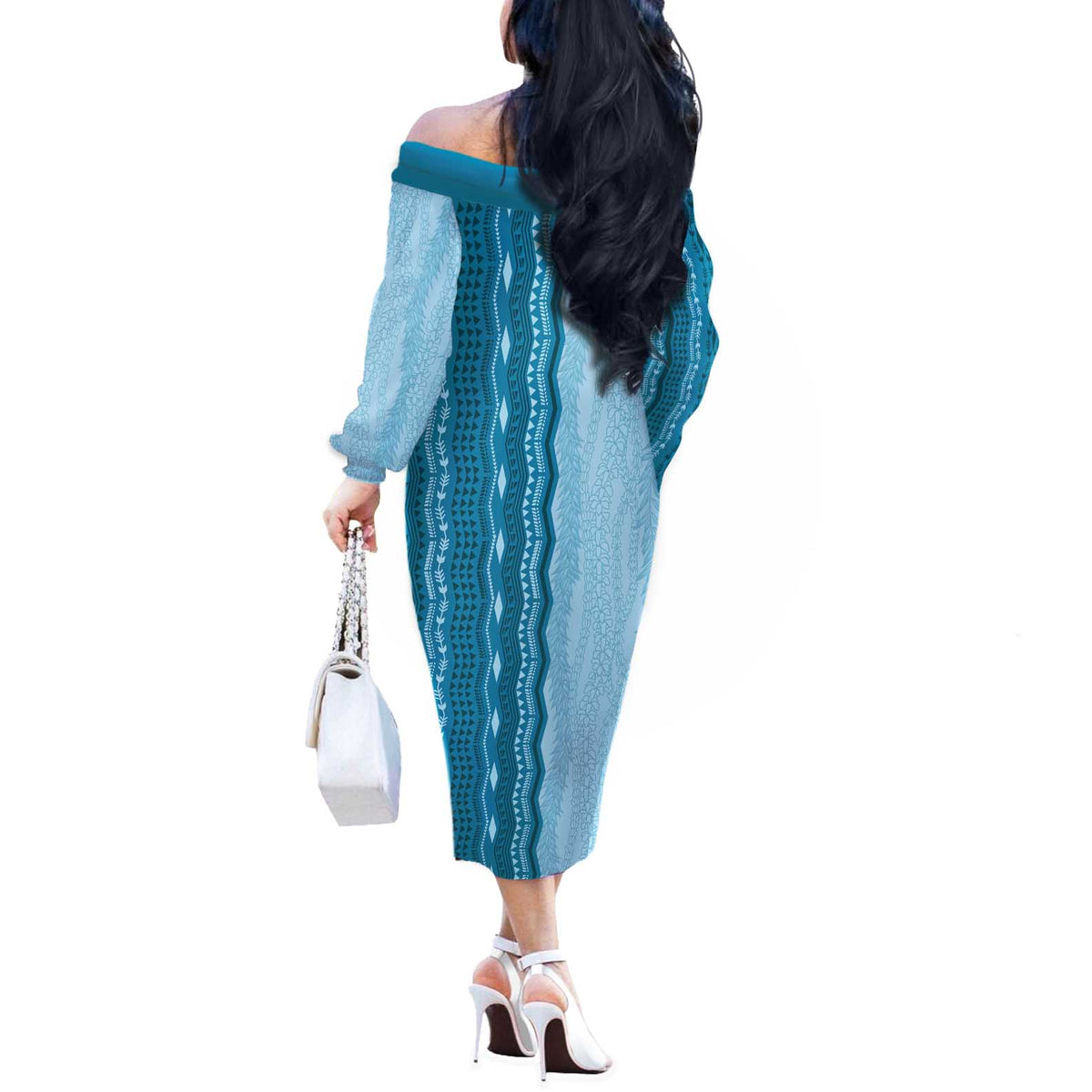 Vintage Cobalt Blue Hawaiian Traditional Kapa Mix Flowers Lei Off The Shoulder Long Sleeve Dress LT7 - Polynesian Pride