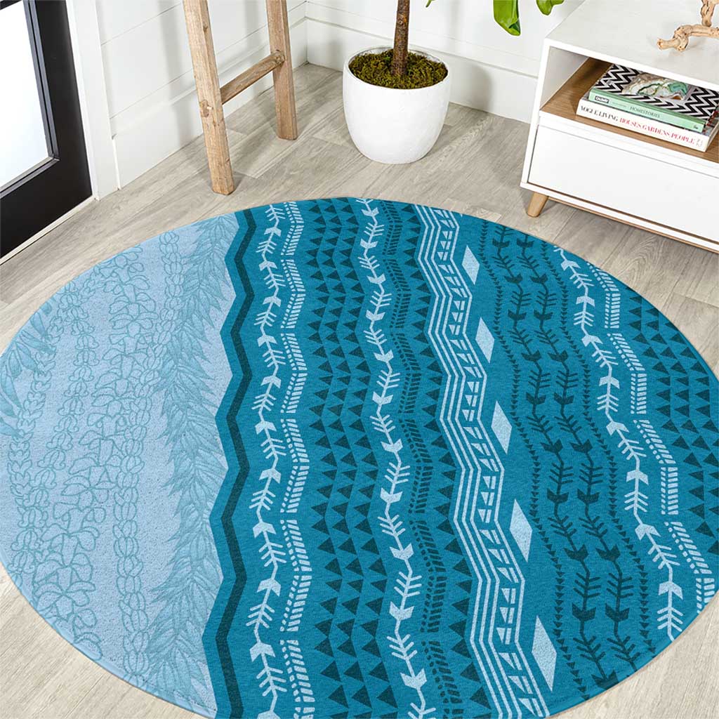 Vintage Cobalt Blue Hawaiian Traditional Kapa Mix Flowers Lei Round Carpet