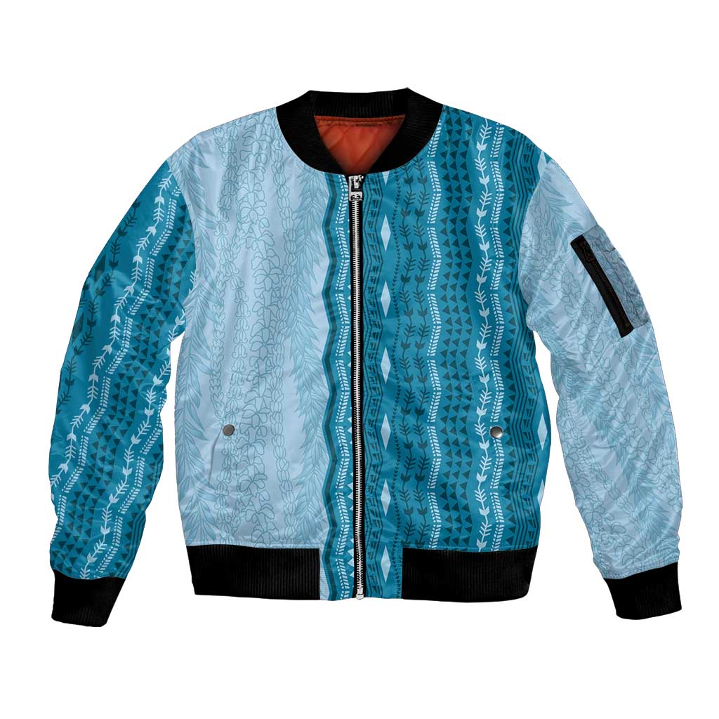 Vintage Cobalt Blue Hawaiian Traditional Kapa Mix Flowers Lei Sleeve Zip Bomber Jacket LT7 Unisex Cobalt Blue - Polynesian Pride