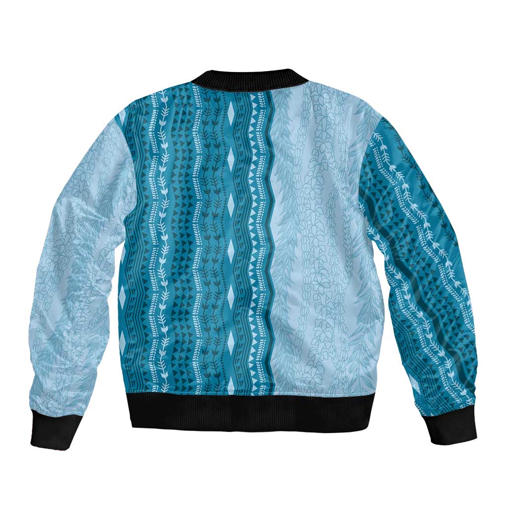 Vintage Cobalt Blue Hawaiian Traditional Kapa Mix Flowers Lei Sleeve Zip Bomber Jacket LT7 - Polynesian Pride