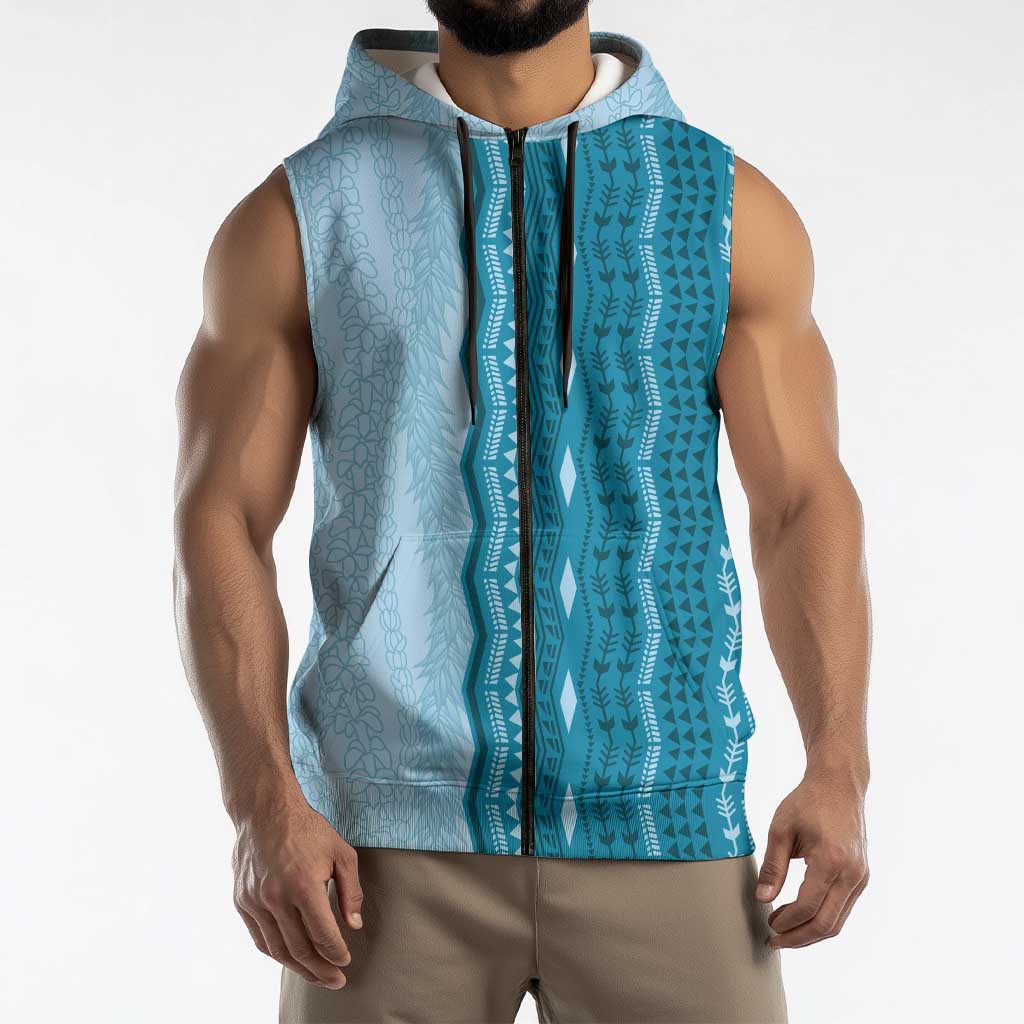 Vintage Cobalt Blue Hawaiian Traditional Kapa Mix Flowers Lei Sleeveless Zip Hoodie LT7 - Polynesian Pride